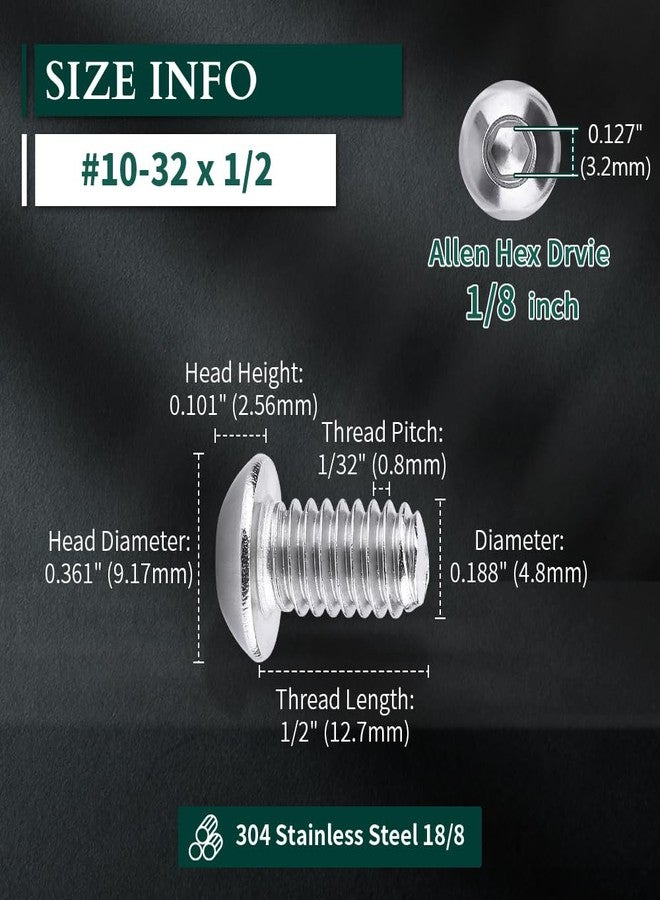 EASTLO #10-32 x 1/2" (50 PCS) Button Head Socket Cap Bolts Screws, 304 Stainless Steel 18-8, Allen Hex Drive, Full Thread - Image 3